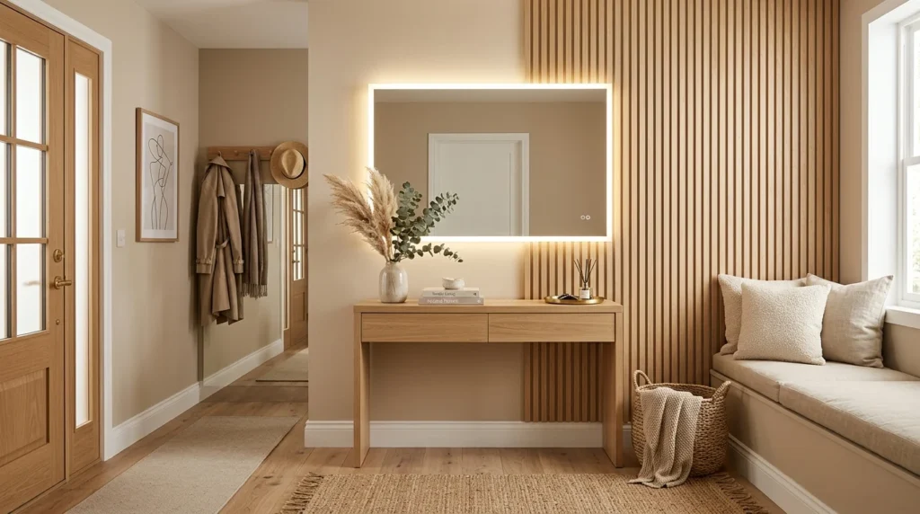 Neutral beige entryway with LED mirror and elegant wood slat decor