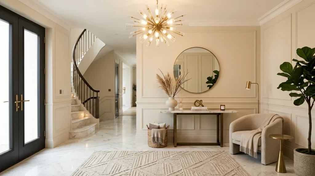 Luxury neutral entryway with elegant furniture and warm lighting decor