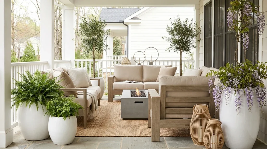 Neutral spring porch with beige cushions, white planters, and elegant greenery