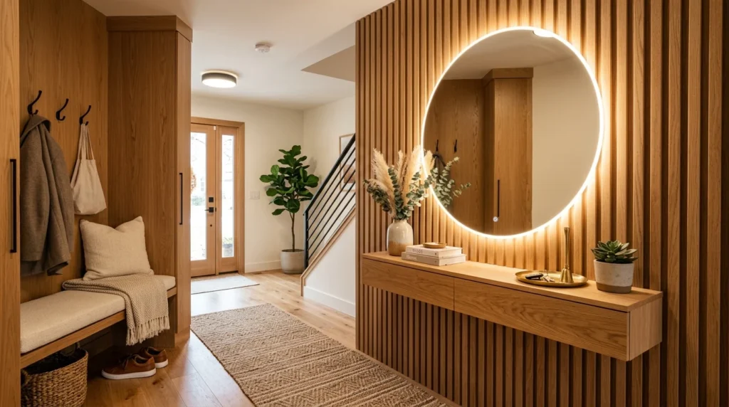 Warm oak entryway with LED mirror and cozy natural wood slat walls
