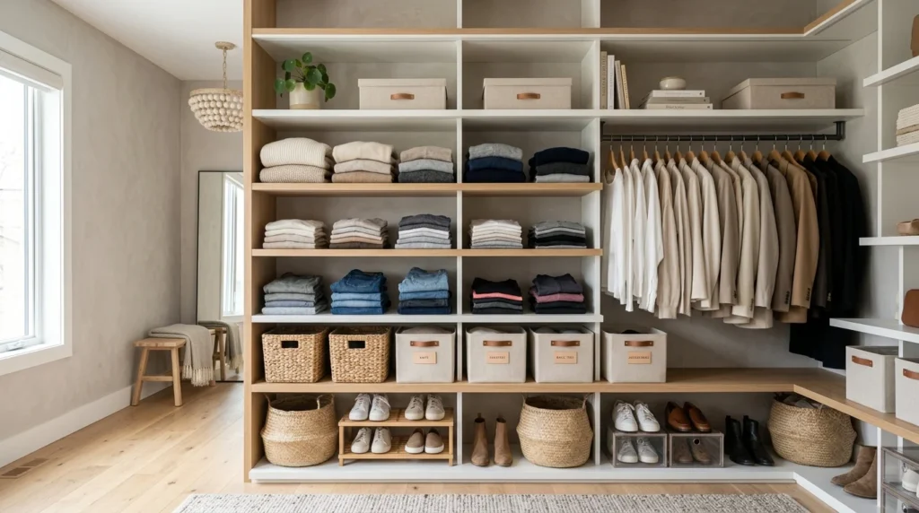 Open shelf closet with folded clothes and organized storage boxes