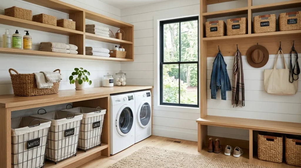 open shelf mudroom laundry combo baskets storage airy modern design