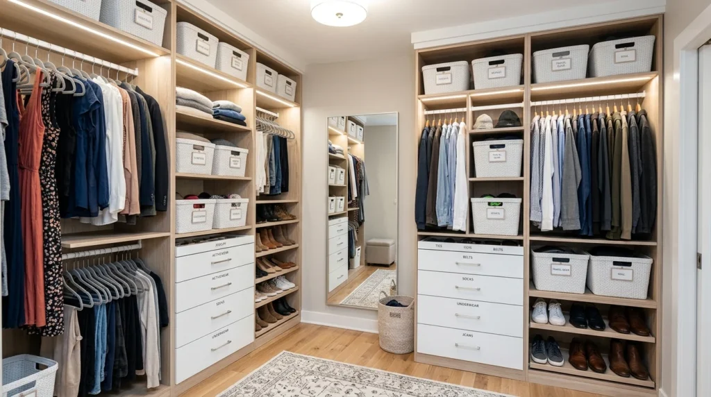 Shared organized closet with divided sections and matching storage bins