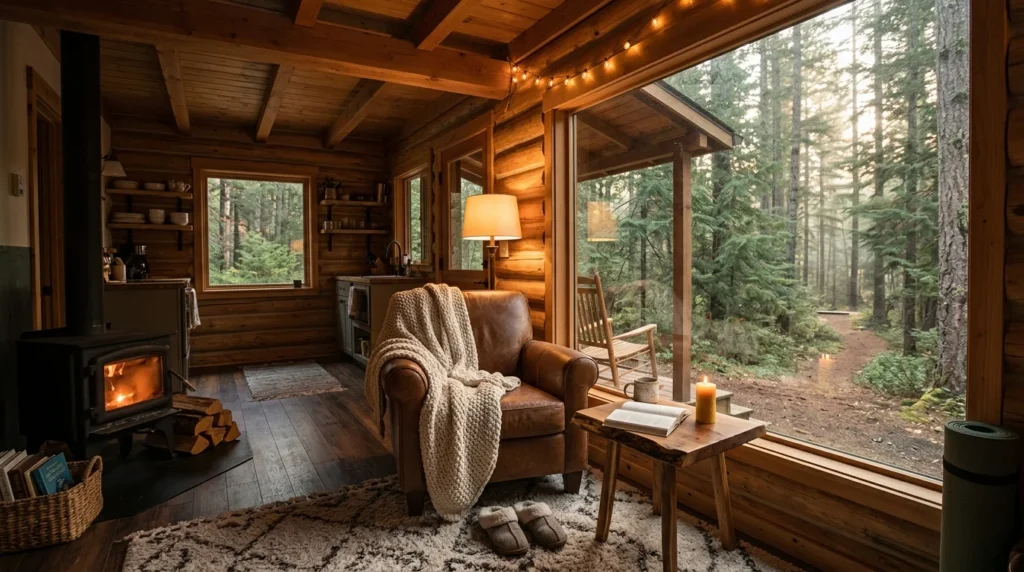 Peaceful solo cabin retreat with warm lighting and relaxing forest views