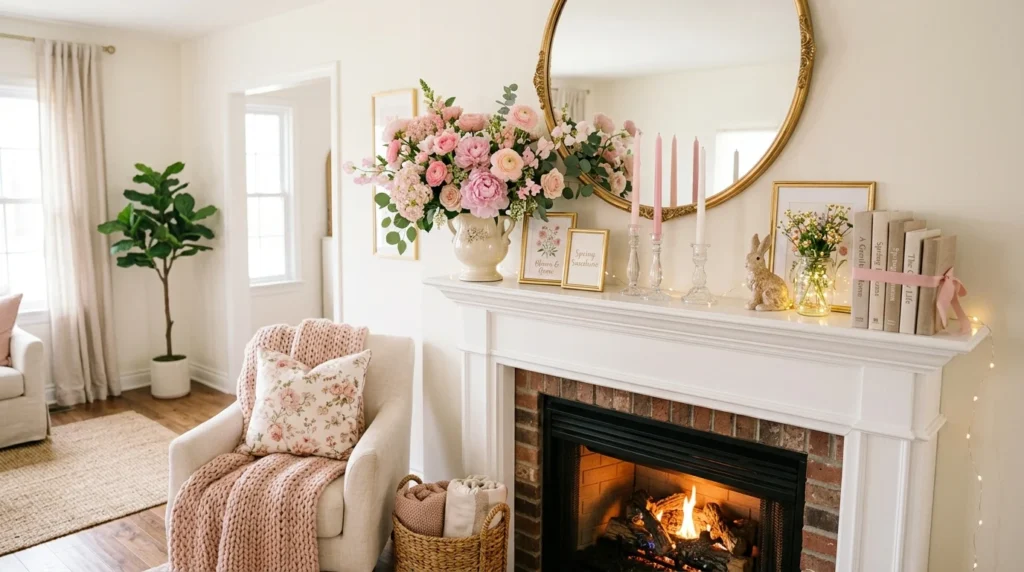 soft pink spring mantel decor blush flowers feminine cozy aesthetic