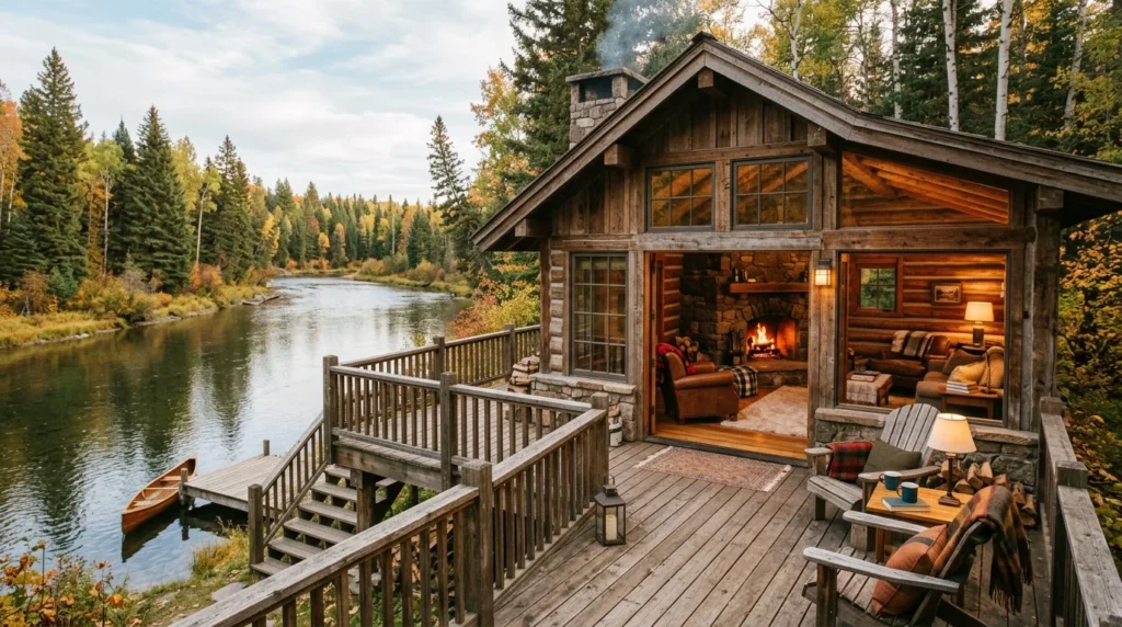 Riverfront cabin with peaceful water views and rustic outdoor deck