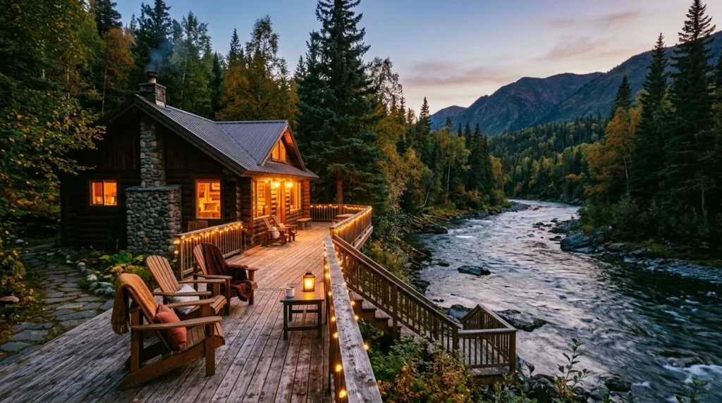 Riverside cabin with peaceful water views and cozy wooden deck seating
