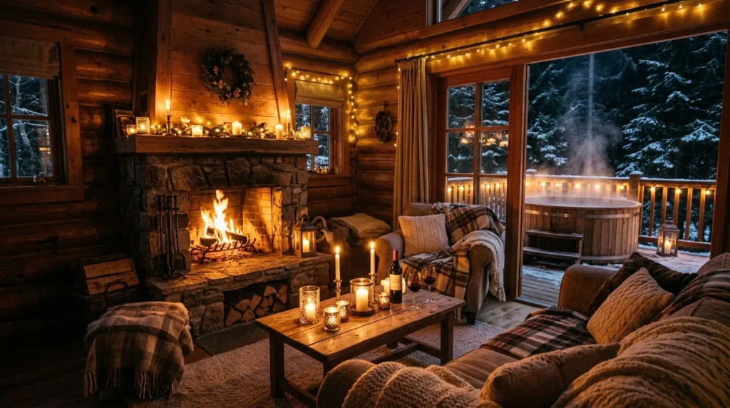 Romantic forest cabin with fireplace, candles, and cozy rustic decor