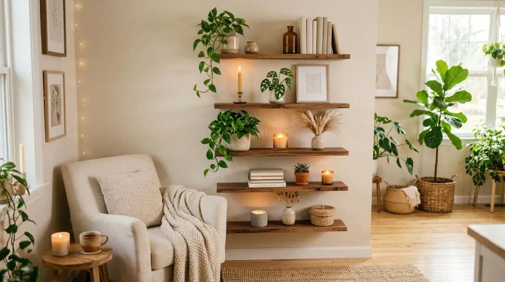 DIY floating wooden shelves with candles, plants, and cozy neutral decor