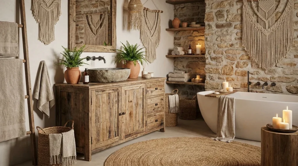 Rustic boho bathroom with wooden vanity, stone sink, and earthy decor