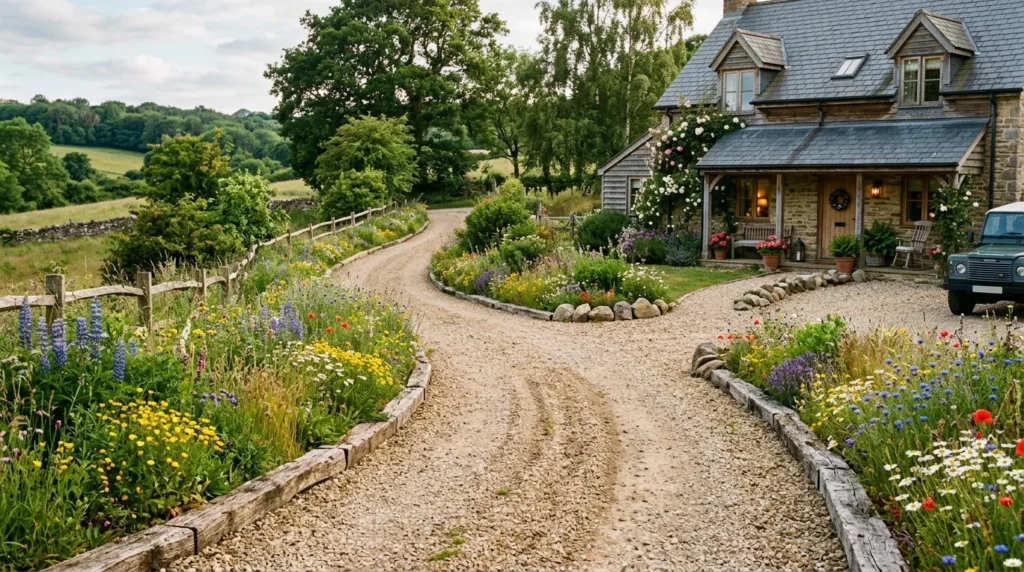 Rustic driveway landscaping with gravel paths and wildflowers