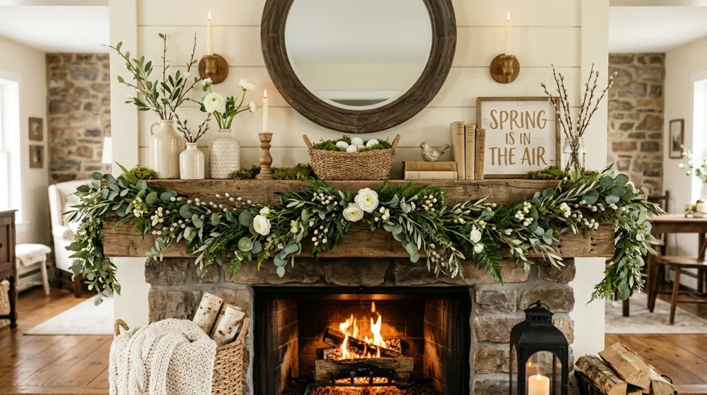 rustic farmhouse spring mantel decor wooden accents greenery cozy aesthetic