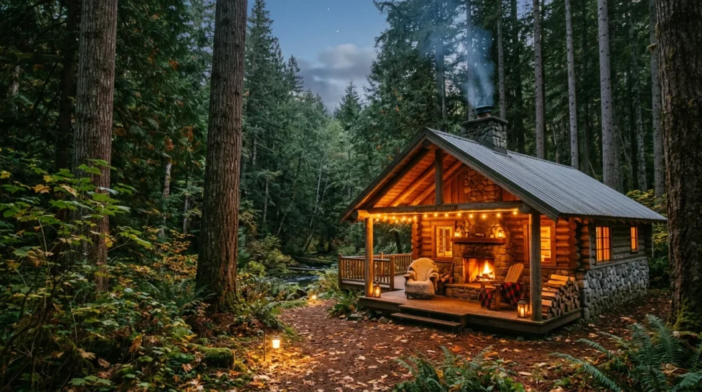 Rustic forest cabin surrounded by tall trees and warm cozy lighting