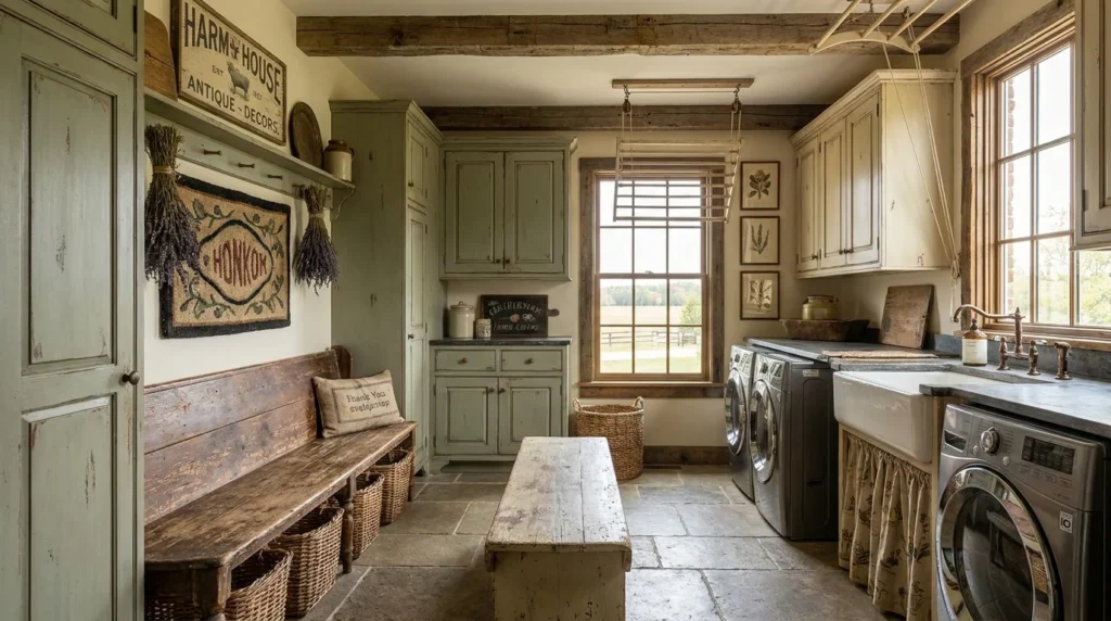 Rustic mudroom laundry room with wooden textures and farmhouse storage baskets