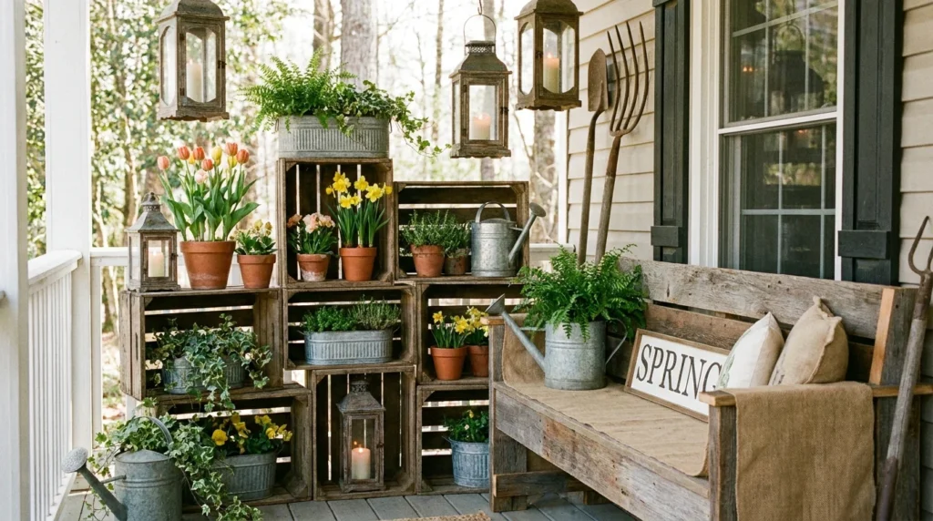 Rustic spring porch with wooden crates, lanterns, and farmhouse greenery