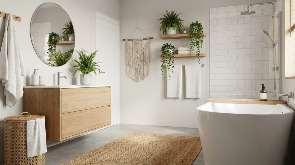 Scandinavian boho bathroom with light wood, white decor, and woven textures
