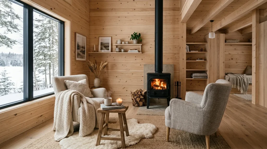 Scandinavian-style cabin with light wood interiors and cozy minimalist decor