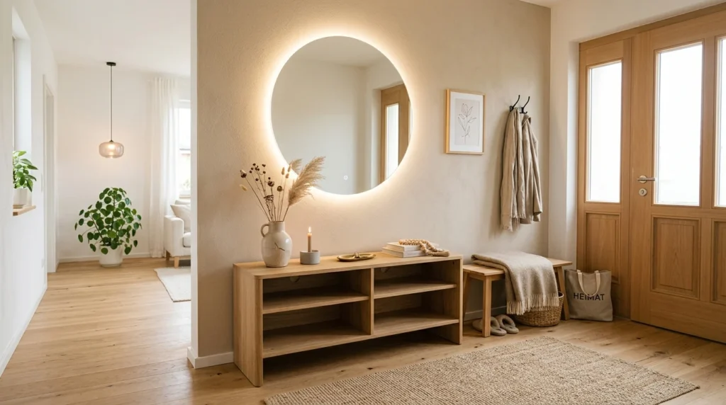 Scandinavian entryway with circular LED mirror and light wood furniture