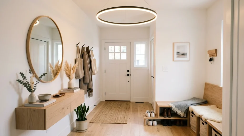 Scandinavian entryway with circular LED lights and light wood decor