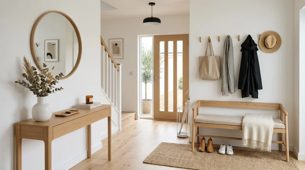 Scandinavian entryway with light wood furniture and neutral modern decor