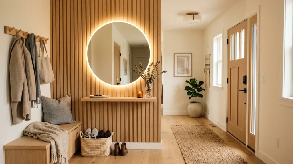 Scandinavian entryway with LED mirror, light wood slats, and neutral decor
