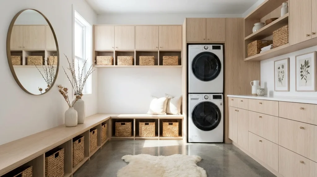 Scandinavian mudroom laundry combo with light wood cabinets and minimalist decor