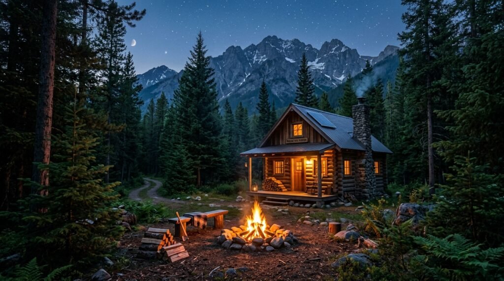 Secluded off-grid cabin in forest with peaceful mountain surroundings