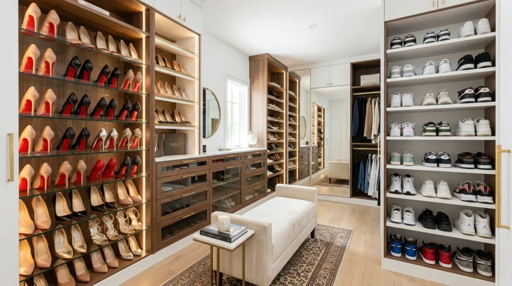 Modern shoe storage closet with neatly organized footwear