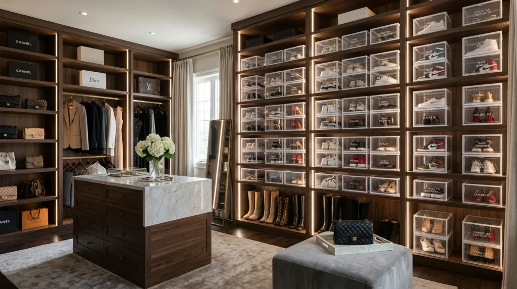 Modern shoe storage closet with organized shelves and clear shoe boxes