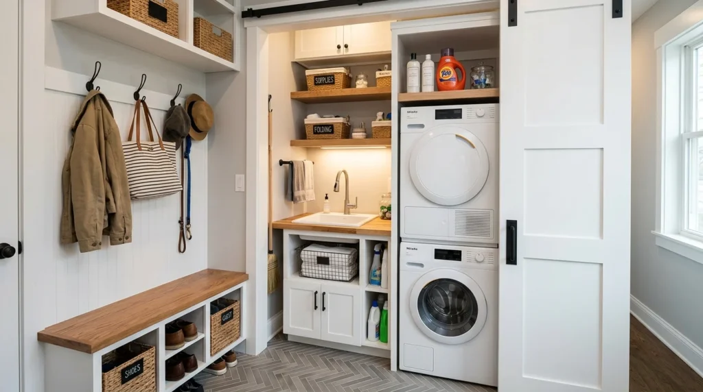 small closet mudroom laundry combo stacked washer dryer compact storage