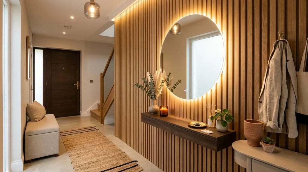 Small modern entryway with LED mirror and vertical wood slat design