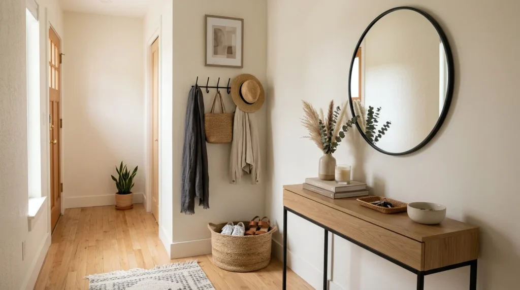 Small modern entryway with slim console table and compact storage solutions