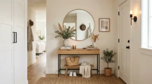 Small entryway decorated with mirror, slim furniture, and neutral modern decor that feels spacious