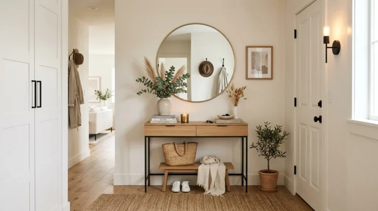 Small entryway decorated with mirror, slim furniture, and neutral modern decor that feels spacious