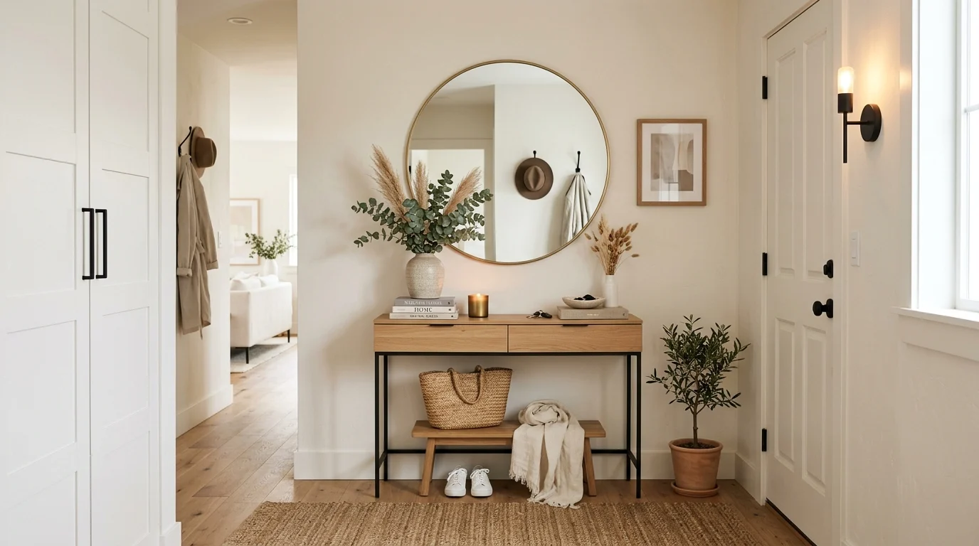 Small entryway decorated with mirror, slim furniture, and neutral modern decor that feels spacious