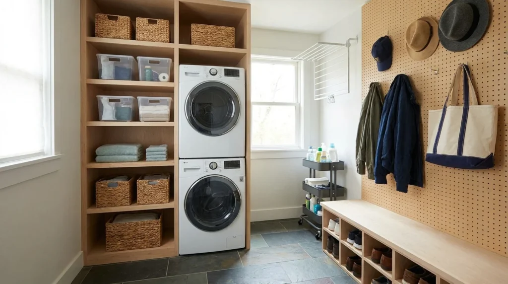 Small mudroom laundry combo with vertical storage shelves and compact organization