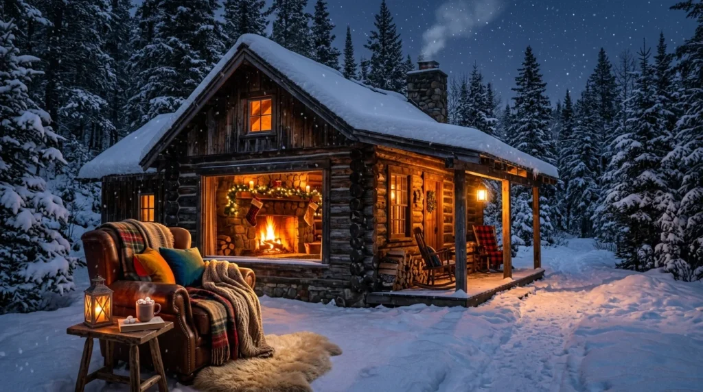 Snowy winter cabin with fireplace, cozy blankets, and snowy forest scenery