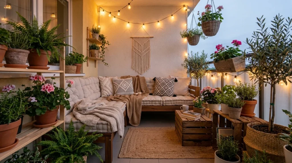 spring balcony decor setup cozy seating fresh plants aesthetic