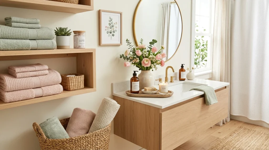 spring bathroom decor refresh light towels flowers spa chic design