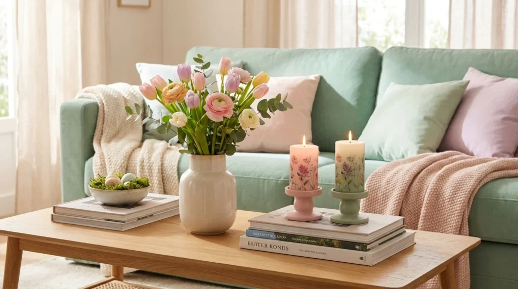 spring coffee table styling candles floral cozy living room