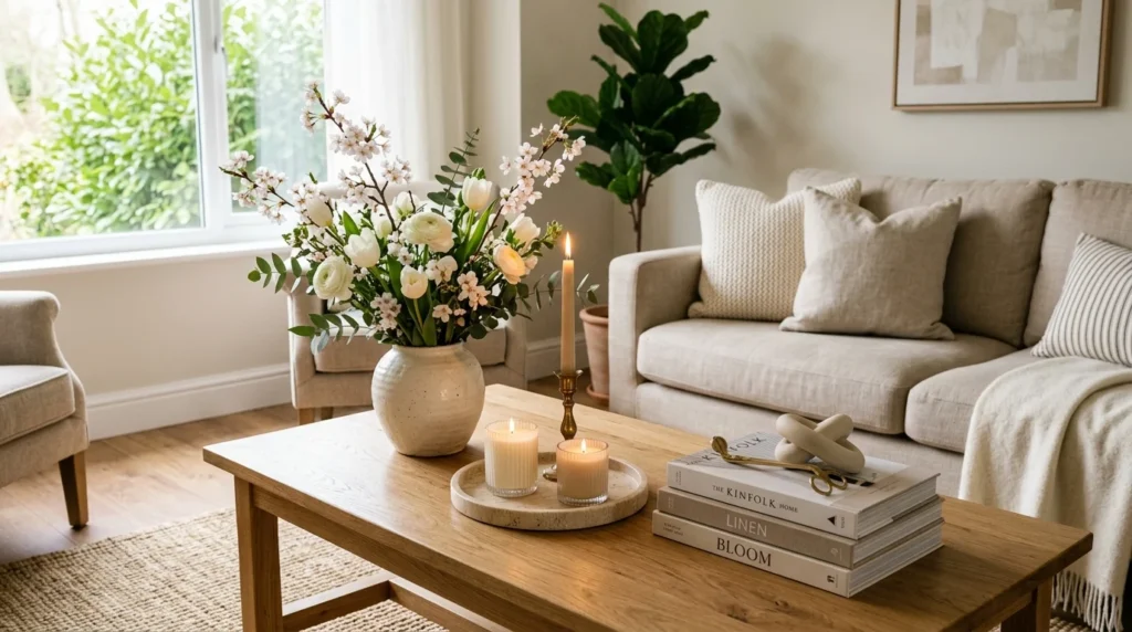 chic spring coffee table styling candles flowers neutral decor aesthetic