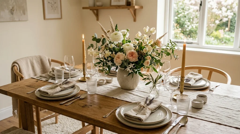 spring dining table setup floral centerpiece cozy aesthetic decor