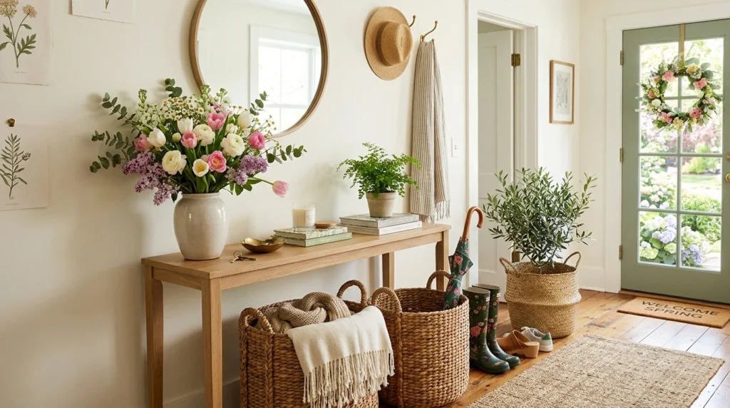 spring entryway decor setup woven baskets floral cozy aesthetic