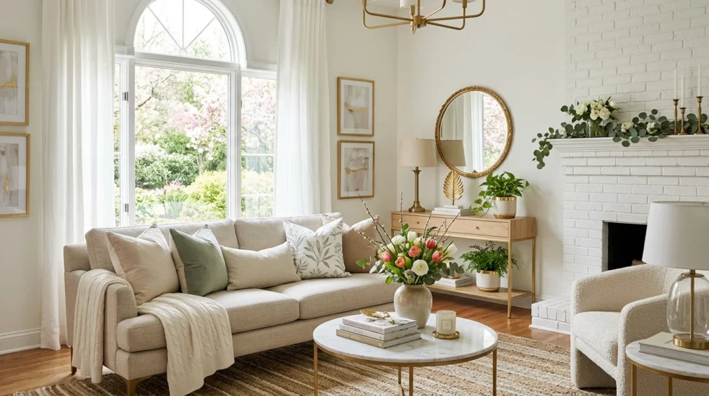 neutral spring home decor gold accents elegant chic living room