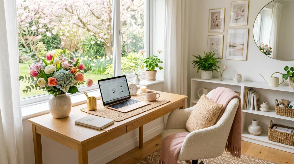 bright spring home office decor flowers chic modern workspace aesthetic