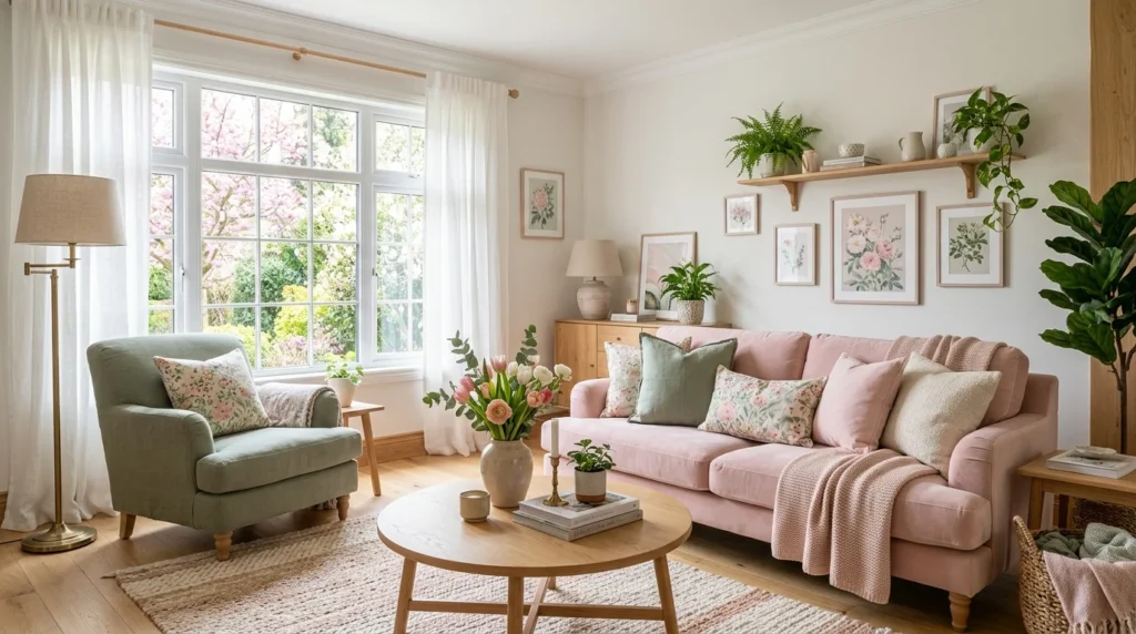 soft pastel spring living room decor blush pink sage green cozy interior