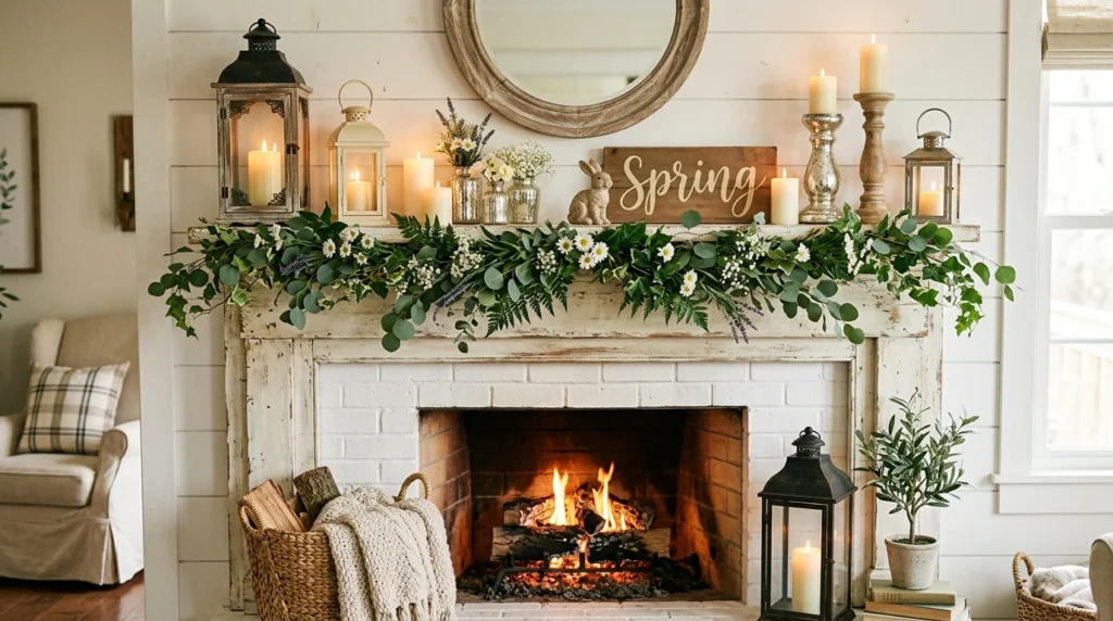 spring mantel decor with lanterns greenery candles cozy farmhouse style