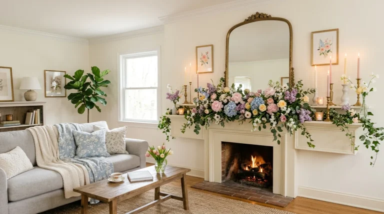 stunning spring mantel decor with flowers greenery candles cozy living room aesthetic