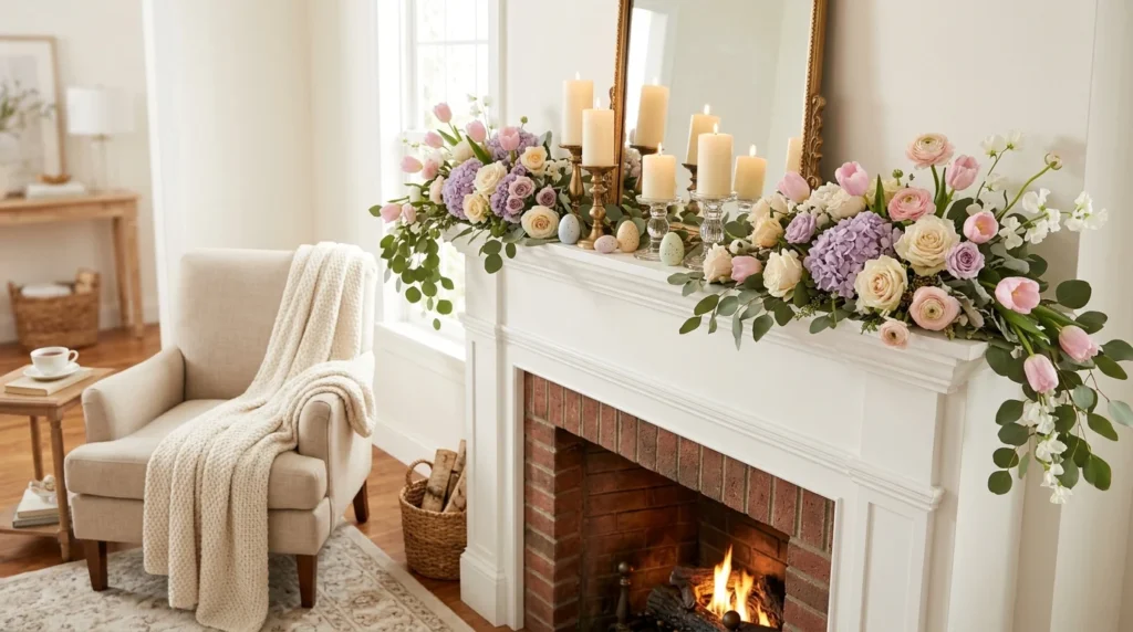 floral spring mantel decor with pastel flowers cozy elegant fireplace styling