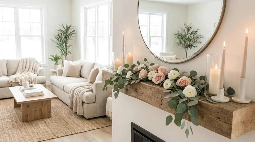 spring mantel decor styling floral candles cozy living room